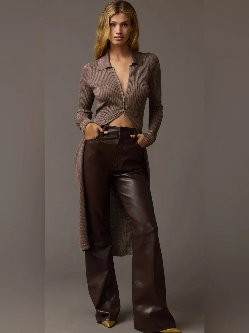 NWT Anthropologie Medium P Ribbed‎ Bronze Metallic Longline Duster Cardigan Zip